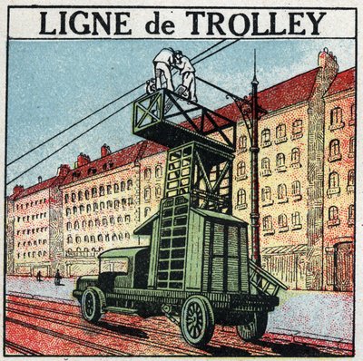 Elektriske sporvogne: en trolleylinje. Anonym illustration fra 1925. Privat samling. af Anonymous Anonymous