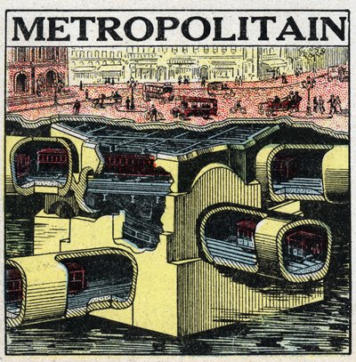 Elektriske sporvogne: tværsnit af Paris-grunden, der viser linjerne i Metropolitan. Anonym illustration fra 1925. Privat samling. af Anonymous Anonymous