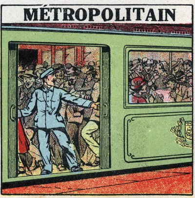 Elektriske sporvogne: passagerer hober sig op i Metropolitain i Paris. Anonym illustration fra 1925. Privat samling. af Anonymous Anonymous