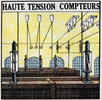 Elektriske ledninger: højspændingsmålere. Anonym illustration fra 1925. Privat samling. af Anonymous Anonymous