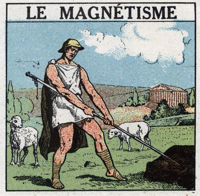 Elektriske fænomener: magnetisme blev opdaget i antikken. Den græske hyrde Magnes kunne ikke løsne sin jernpind fra jorden. Han fandt ud af, at dette fænomen kom fra tiltrækningen af en sten kaldet magnetisk oxid eller magnetisk oxid. Anonym illu af Anonymous Anonymous