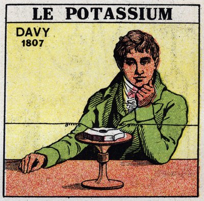 Elektrokemi: nedbrydning af potaske (kalium) og sodavand af Sir Humphry Davy (1778-1829) i 1807. Anonym illustration fra 1925. Privat samling. af Anonymous Anonymous