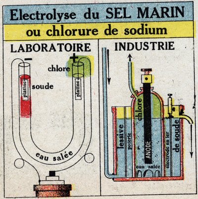 Elektrokemi: elektrolyse af havsalt eller natriumchlorid. Anonym illustration fra 1925. Privat samling. af Anonymous Anonymous