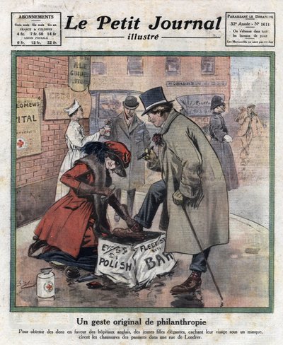 Elegante unge piger, deres ansigt gemmer sig bag en maske, vokser London forbipasserendes sko for at samle penge ind til engelske hospitaler. Illustration taget fra "" Le petit journal illustrious""" af 06/11/1921. Privat samling af Anonymous Anonymous
