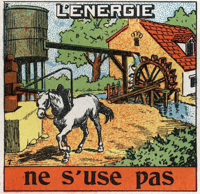 Energi bliver ikke slidt: Hesten sætter sig fast i en manege og hører vand i et reservoir. Anonym illustration fra 1925. Privat samling. af Anonymous Anonymous