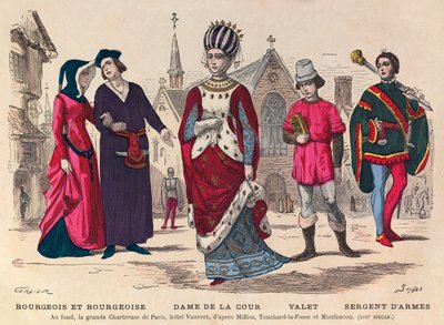 Gravering - Bourgeois et bourgeoise, hofdame, kammertjener, våbensergent i Paris i det 13. århundrede (i baggrunden la grande Chatreuse de Paris, hotel Vauvert) - Hofkostumer i Frankrig i det 13. århundrede - privat samling af Anonymous Anonymous
