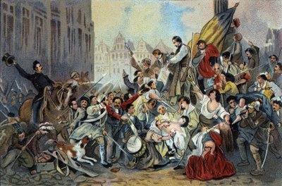 Episode af revolutionen i 1830 foran Bruxelles Rådhus. Reklamekromolitografi af Antoine-chokolader i Bruxelles, begyndelsen af det 20. århundrede. Privat samling af Anonymous Anonymous
