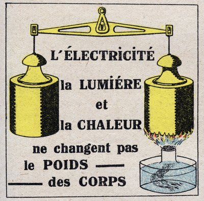 Ether (materiale): Elektricitet, lys og varme ændrer ikke kropsvægten. Anonym illustration fra 1925. Privat samling. af Anonymous Anonymous