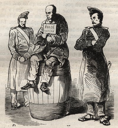 Udstilling af en tvungen unddragelse (Evade returneres) i Toulon-fængslet i det 19. århundrede. Indgravering i "Fangernes historie fra deres skabelse til i dag"" (1877) af Pierre Zaccone (1817-1895) (Colonia Penale - Straffekoloni). Privat samling. af Anonymous Anonymous