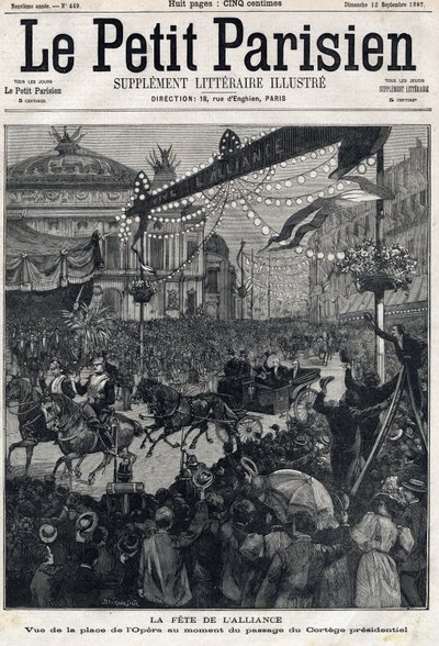 Fest for den fransk-russiske alliance (fransk-russisk): udsigt over Operapladsen under passagen af Felix Faures præsidentielle Cortege (1841-1899). I "" Le Petit Parisien"" den 12/09/1897. Privat samling af Anonymous Anonymous