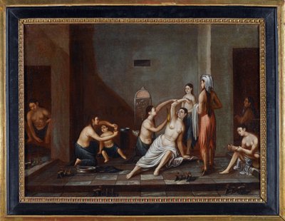 ""Kvinder i et hammam vasker hinanden"" (Ladies in the Hammam) Anonymt maleri 1741 - Olie på lærred, 39x53 - Privat samling af Anonymous Anonymous