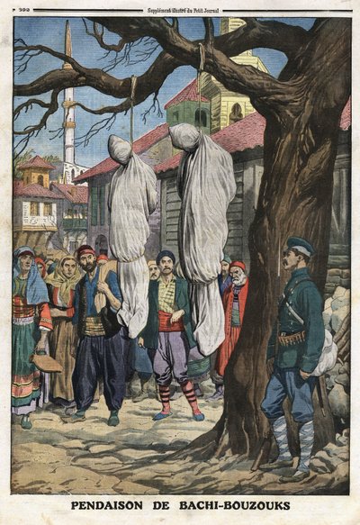 Første Balkankrig (Balkan): hængning af Bachibuzuk (Bachibuzuk, Bachi Buzuk), lejesoldater fra den osmanniske hær, røvere og plyndrere, taget til fange af den bulgarske hær i landsbyen Ketcheukeli. Illustration taget fra "" Le Petite Journal"" 08/12/1912 af Anonymous Anonymous