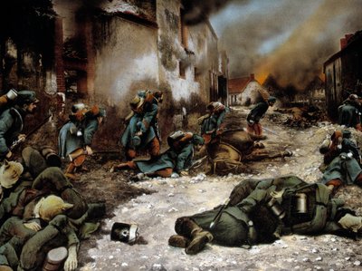 Første Verdenskrig (1914-1918): "" Slaget i Chatillon sur Morin (Chatillon-sur-Marne) i september 1914"" Anonymt maleri af Anonymous Anonymous