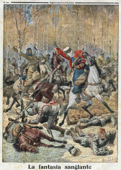 Første Verdenskrig 1914-1918 (14-18): "Den blodige fantasi". I skoven kæmpede en flok på tredive uhlans (tyske ryttere med et spyd) af otte sejrrige algeriske spahier. Indgravering i "" Le Petite Journal"", den 28.11.1915. Privat samling. af Anonymous Anonymous