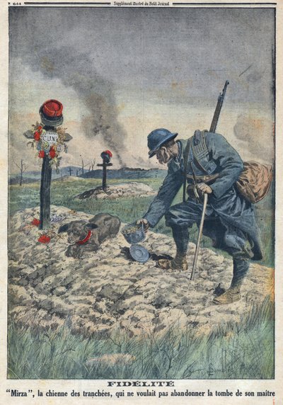 Første Verdenskrig 1914-1918 (Krig 14-18). En hund, der nægter at forlade sin døde herres grav i skyttegraven. I "" Le Petite Journal"", den 10/09/1916. Privat samling af Anonymous Anonymous