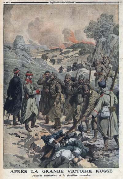 Første Verdenskrig 1914-1918 (Krig 14-18). Efter russernes store sejr kastede de flygtende fra den østrigske hær deres våben mod den rumænske grænse. I "" Le Petite Journal"", den 2/07/1916. Privat samling af Anonymous Anonymous