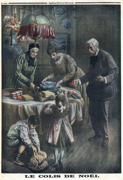 Første Verdenskrig 1914-1918 (Krig 14-18). Julegave: Børn modtager og pakker pakker ud, de har modtaget fra deres far på slagmarken juleaften. I "" Le Petite Journal"", den 24/12/1916. Privat samling af Anonymous Anonymous