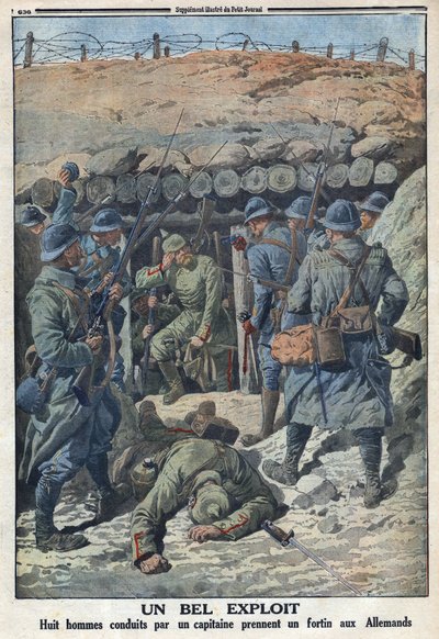Første Verdenskrig 1914-1918 (Krig 14-18). Otte soldater fra den franske hær ledet af en kaptajn tog et fort fra tyskerne. I "" Le Petité Journal", den 3/09/1916. Privat samling af Anonymous Anonymous