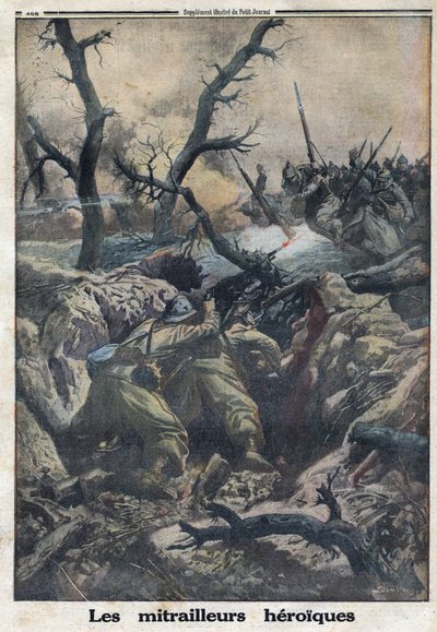 Første Verdenskrig 1914-1918 (Krig 14-18). Franske maskingeværere skyder mod tysk militærangreb. I "" Le Petite Journal"", den 9/04/1916. Privat samling af Anonymous Anonymous