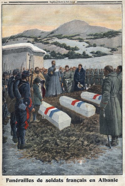 Første Verdenskrig 1914-1918 (Krig 14-18). Franske soldaters begravelse i Albanien. I "" Le Petite Journal" af Anonymous Anonymous