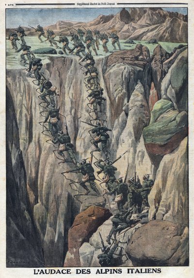 Første Verdenskrig 1914-1918 (Krig 14-18). Italienske soldater bestiger toppen af Cauriol i Fiemme-alperne i Italien. I "" Le Petite Journal", 8. oktober af Anonymous Anonymous