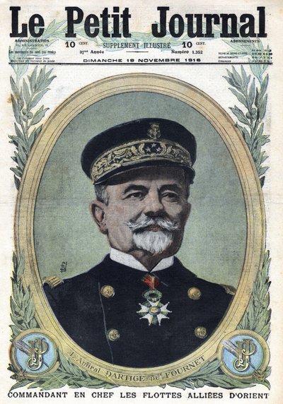 Første Verdenskrig 1914-1918 (Krig 14-18). Portræt af admiral Dartige du Fournet øverstbefalende for de allierede flåder i Orienten. I "" Le Petite Journal"", den 19/11/1916. Privat samling af Anonymous Anonymous