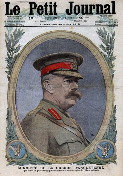 Første Verdenskrig 1914-1918 (Krig 14-18). Portræt af krigsministeren i England Horatio Herbert Kitchener (1850-1916). I "" Le Petite Journal"", den 25/06/1916. Privat samling af Anonymous Anonymous