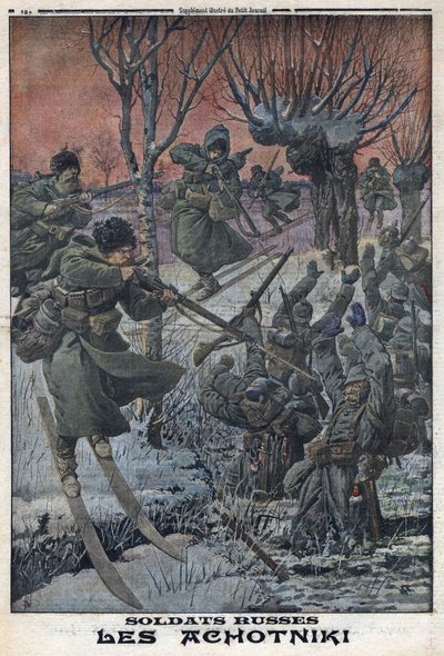 Første Verdenskrig 1914-1918 (Krig 14-18). Russiske soldater Ahotniki på ski skyder tyske soldater. I "" Le Petite Journal"", den 23/01/1916. Privat samling af Anonymous Anonymous