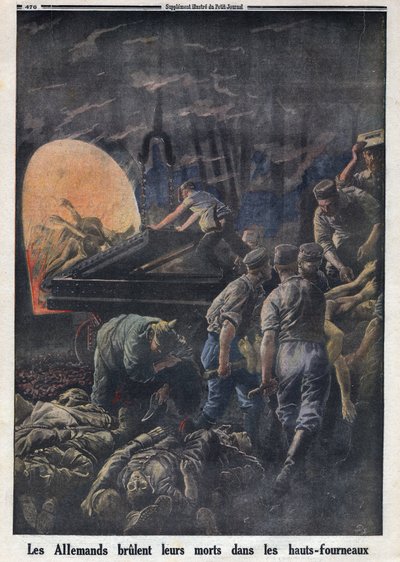 Første Verdenskrig 1914-1918 (Krig 14-18). Tyskerne brænder døde soldater i ovnene. I "" Le Petite Journal"", den 23/04/1916. Privat samling af Anonymous Anonymous