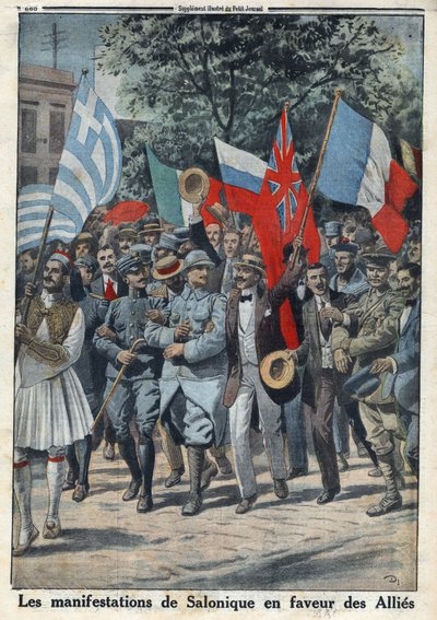 Første Verdenskrig 1914-1918 (Krig 14-18). Protesterne i Saloniki (eller Thessaloniki i Grækenland) til fordel for allierede. I "" Le Petite Journal"", den 24/09/1916. Privat samling af Anonymous Anonymous