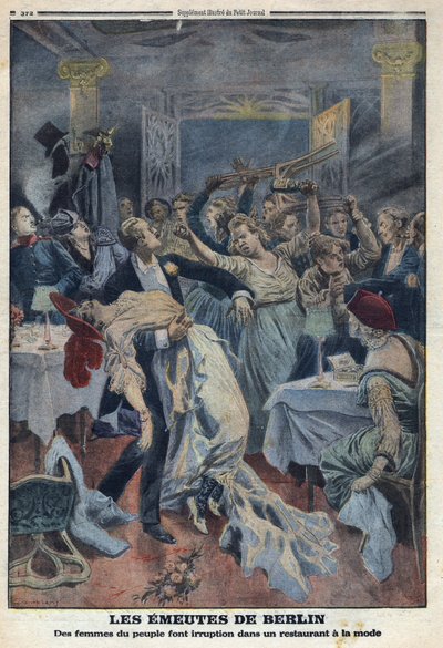 Første Verdenskrig 1914-1918 (Krig 14-18). Folkets kvinder bryder ind på en fashionabel restaurant og kræver deres mænds tilbagevenden. I "" Le Petite Journal"", den 16/01/1916. Privat samling af Anonymous Anonymous