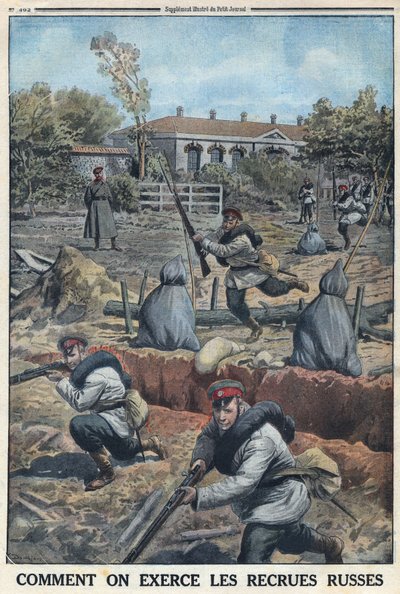 Første Verdenskrig 1914-1918 (Krig 14-18). Træning af unge soldater rekrutteret af den russiske hær. I "" Le Petite Journal"", den 30/04/1916. Privat samling af Anonymous Anonymous