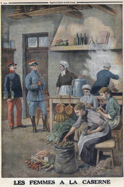 Første Verdenskrig 1914-1918 (Krig 14-18). Kvinder laver mad i kasernekøkkenerne. Tre kokke i kartoffel corvee, skræl kartoflerne. I "" Le Petite Journal"", den 7/05/1916. Privat samling af Anonymous Anonymous