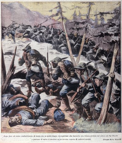 Første Verdenskrig: "" Italienske alpine jægere (alpino eller alpini) tager tilbage fra fjender Pal Piccolo, italienske alper"" 1916 Illustration fra "La domenica del corriere"" af Anonymous Anonymous