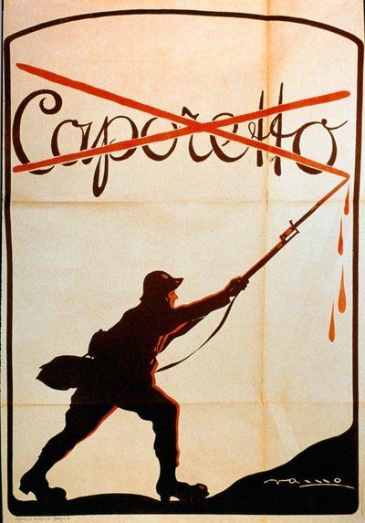 Første Verdenskrig: plakat udgivet i anledning af Caporettos nederlag (eller slaget ved Karfreit) i slutningen af oktober 1917, der repræsenterer en soldat fra den italienske hær, der fjernede navnet "Caporetto" fra spidsen af sin baonette. Illustrator ikk af Anonymous Anonymous