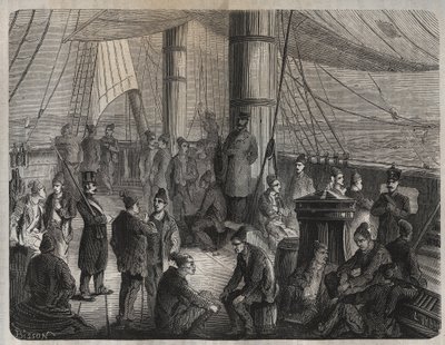 Første konvoj af styrker fra Toulon til Cayenne (Guyana) i henhold til dekretet af 8. december 1851. Indgravering i "Historien om fangerne fra deres skabelse til i dag" (1877) af Pierre Zaccone (1817-1895) (Colonia Penale - Penal) koloni). Privat samling. af Anonymous Anonymous