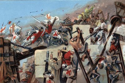 Første korstog (1096-1099): erobringen af Jerusalem af krydstogter ledet af Godefroy (Godefroi) af Bouillon (1061-1100) den 15. juli 1099. Reklamekromolitografi af Antoine-chokolader i Bruxelles, begyndelsen af det 20. århundrede. Privat samling af Anonymous Anonymous