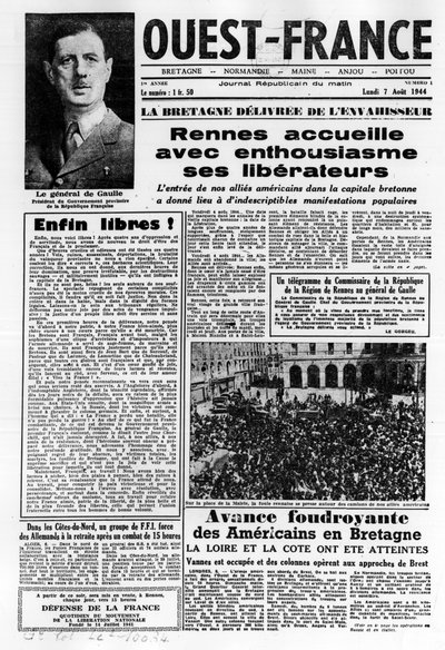 Første nummer af Vestfrankrig fra 7. august 1944: La La La La Liberation i det vestlige Frankrig og General de Gaulle - fotografi, B.N. af Anonymous Anonymous