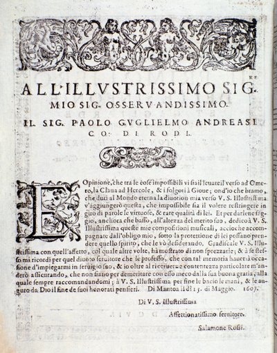 Første side af Første bog med symfonier og vigor, af Salomone Rossi af Anonymous Anonymous
