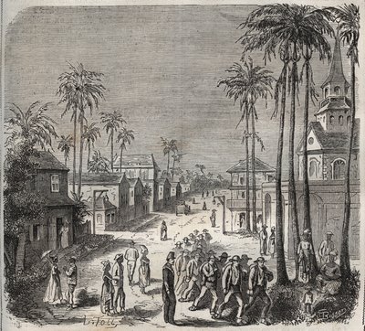 Forkatte, der går på arbejde på fængsel Saint-Laurent (Saint-Laurent) i Cayenne (Fransk Guyana) i det 19. århundrede. Indgravering i "Historien om fængslerne fra deres skabelse til i dag"" (1877) af Pierre Zaccone (1817-1895) (Colonia Penale - Straffekolon af Anonymous Anonymous