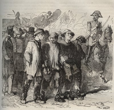Fanger i march ved bagne de Rochefort i det 19. århundrede. Indgravering i "Fangernes historie fra deres skabelse til i dag"" (1877) af Pierre Zaccone (1817-1895) (Colonia Penale - Straffekoloni). Privat samling. af Anonymous Anonymous