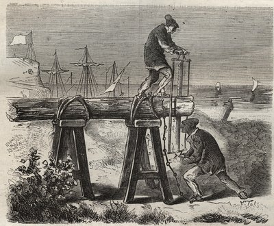 Forcats saweurs af fængselsanstalten Saint-Laurent (Saint-Laurent) i Cayenne (Fransk Guyana) i det 19. århundrede. Indgravering i "Fangernes historie fra deres skabelse til i dag"" (1877) af Pierre Zaccone (1817-1895) (Colonia Penale - Straffekoloni). Priv af Anonymous Anonymous