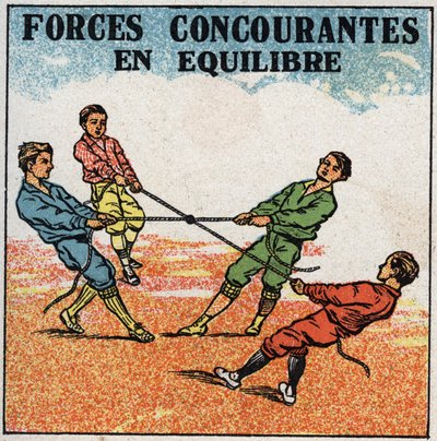 Kræfter: konkurrerende kræfter i balance. Børn trækker i en ring, hver i et reb fra deres side, mens de forbliver i balance. Anonym illustration fra 1925. Privat samling. af Anonymous Anonymous