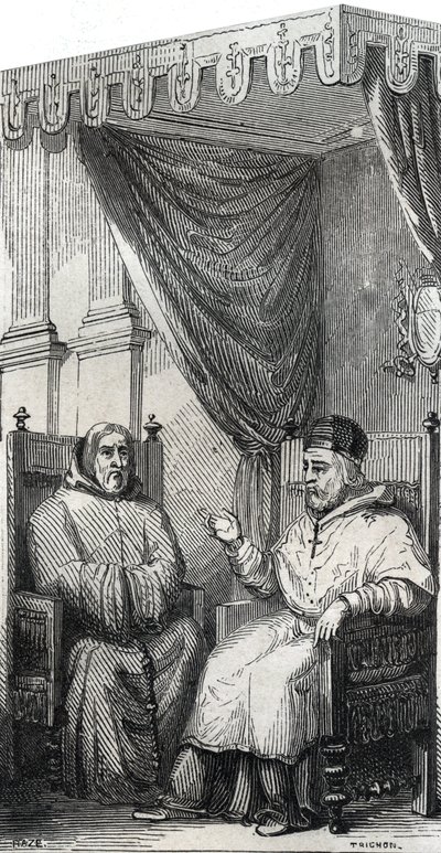 Frans af Paola grundlægger af den romersk-katolske minimerorden og pave Sixtus IV - Saint Francois de Paule (Francesco di Paola) (1416-1507), grundlægger af Minimesordenen med pave Sixtus IV - Indgravering af 1846 i "Lives of the Hellige””. Privat indsamli af Anonymous Anonymous