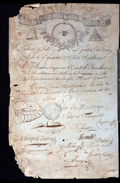 Fransk revolution: attestering af statsborgerskab fra Guiot de Saint-Florent (Saint Florent) dit Florent-Guiot (eller Florent-Guyot) (1735-1834), en revolutionær og repræsentant for folket, af den revolutionære komité i Lille dateret 16 år II (02/09/1 af Anonymous Anonymous