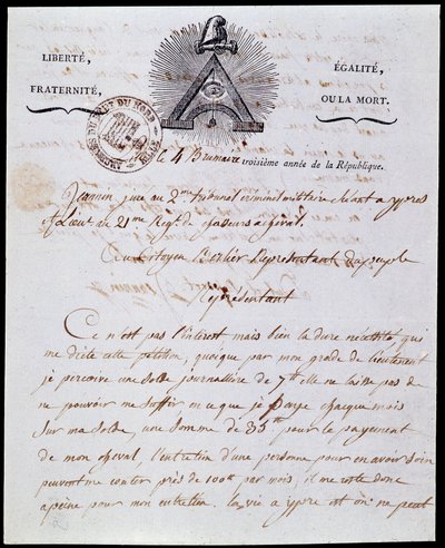 Franske revolution: første side og overskrift af et militært administrativt brev 4 tåge år III (25/10/1794) dateret 18 Frimaire år III (08/12/1794) med den republikanske inskription "Liberte Egalite, Fraternite ou la Mort" og symboler fra Franco-Maconnerie af Anonymous Anonymous