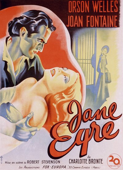 Fransk filmplakat for filmen "" Jane Eyre"" skrevet af Charlotte Bronte og instrueret af Robert Stevenson i 1944 med skuespillerne Orson Welles som Edward Rochester og Joan Fontaine som Jane. Privat samling. af Anonymous Anonymous