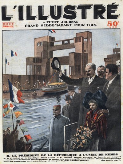 Fransk industri: Albert Lebrun (1871-1950), præsident for republikken og Edouard Herriot (1872-1957), formand for rådet indviede vandkraftværket Kembs i Haut-Rhin (Haut Rhin) i Alsace. Overskriftsgravering af "" L