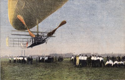 Fra Compiegne til London med luftskib: landing af Bayard-Clement (Bayard Clement) til Wormwood Scrubbs. Gravering. En af avisen "" Le petit parisien"" den 30/10/1910. Privat samling. af Anonymous Anonymous