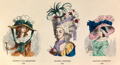Fra venstre til krage: Hat a la mariniere i 1787; Grande Hairstyle i 1785 og Hat Bonnette i 1786 - privat samling af Anonymous Anonymous
